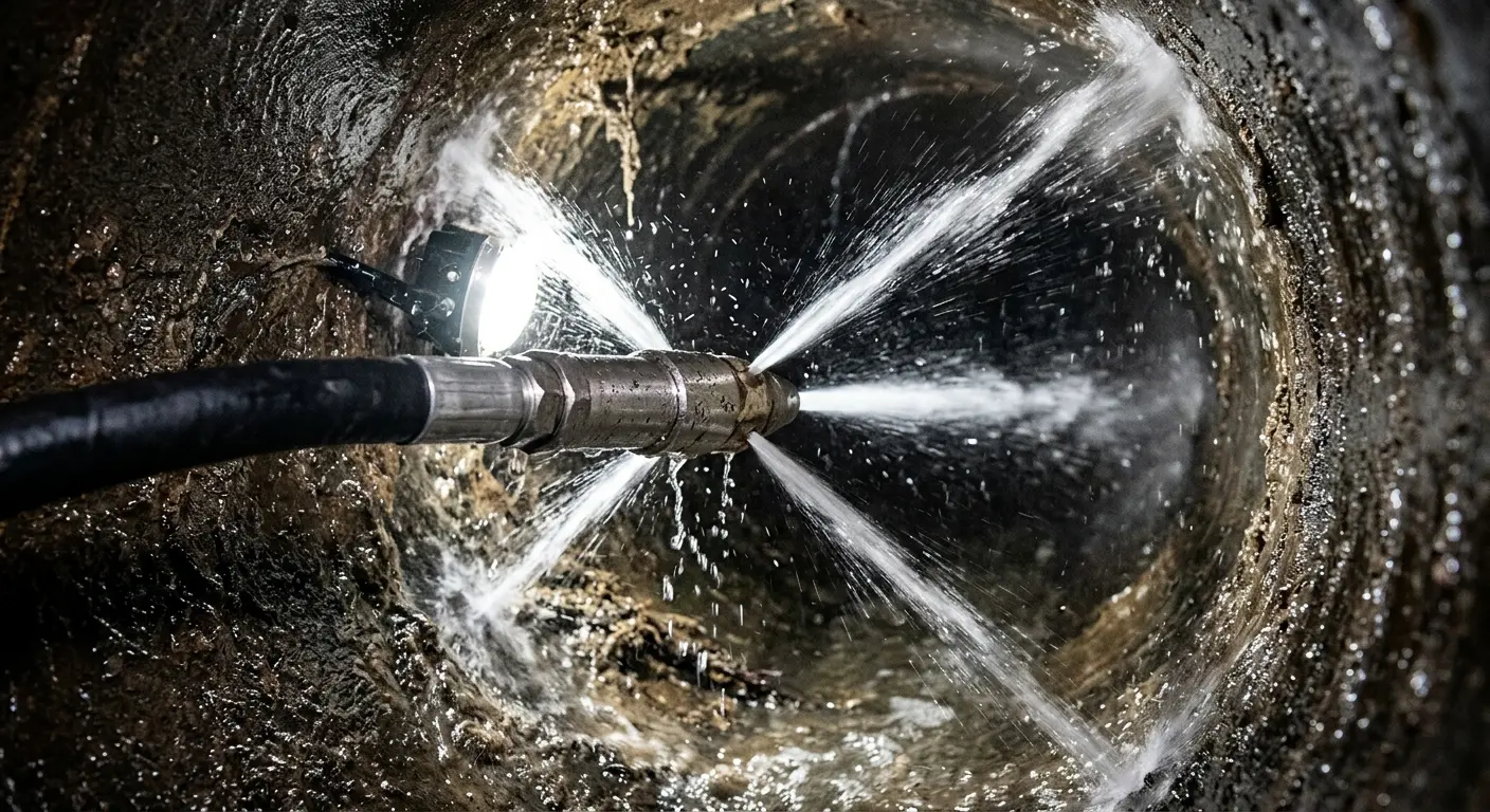 High-pressure hydro jetting nozzle cleaning sewer pipe for Emergency Drain Service in Round Lake Park