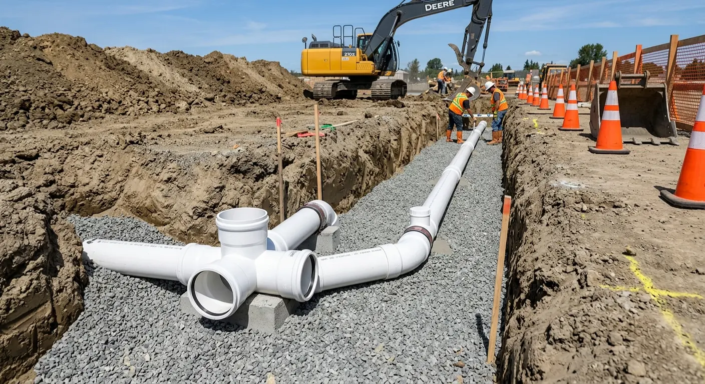New PVC sewer pipe installation in open trench for Commercial Drain Cleaning in Round Lake Park