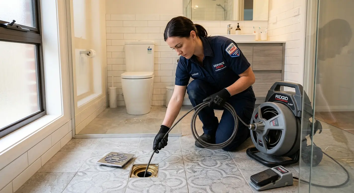 Technician clearing a bathroom floor drain for Sewer Line Replacement in Round Lake Park